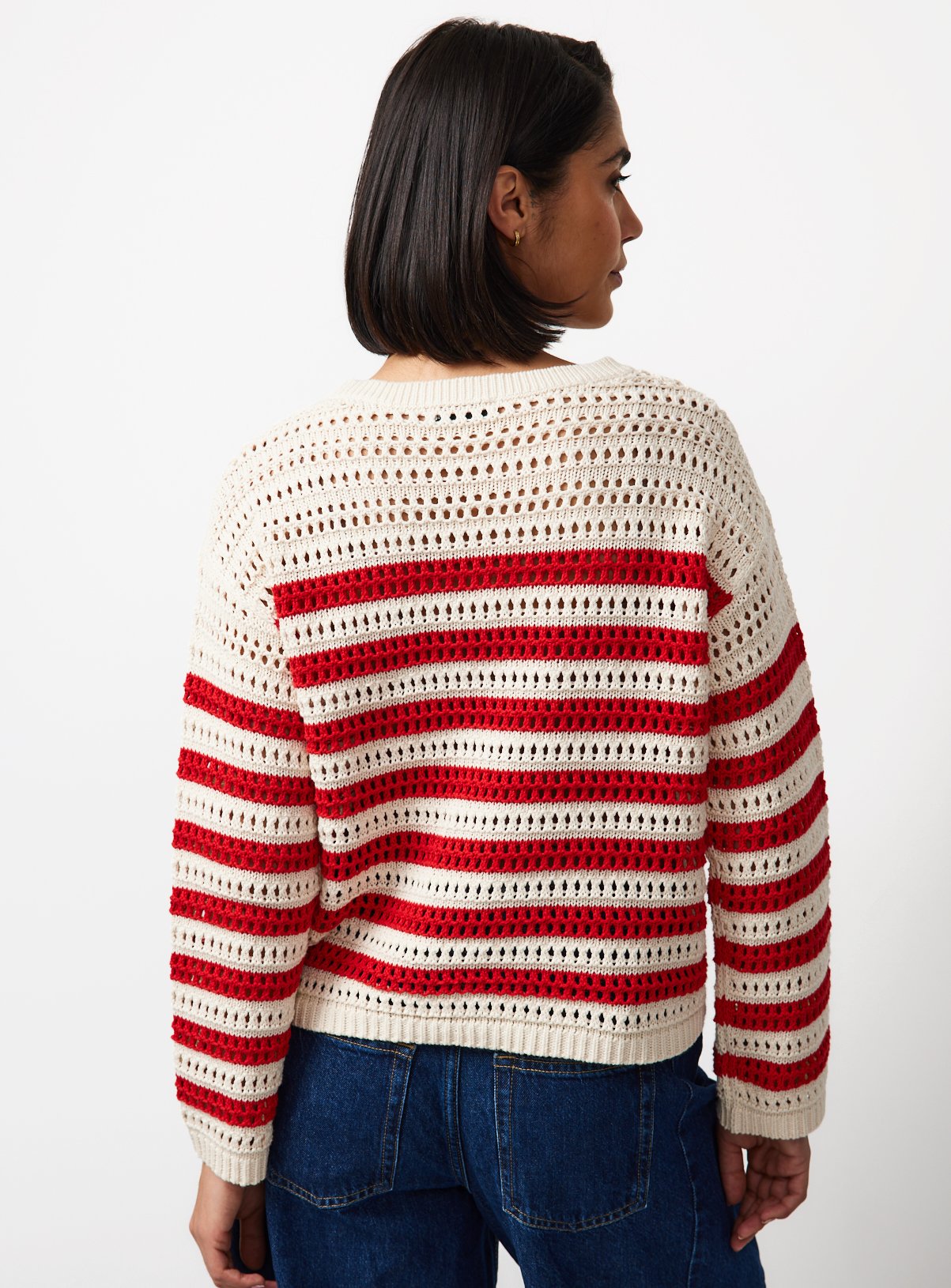 Red & White Stripe Airtex Cotton Crochet Knit Jumper L - Image 4 thumbnail